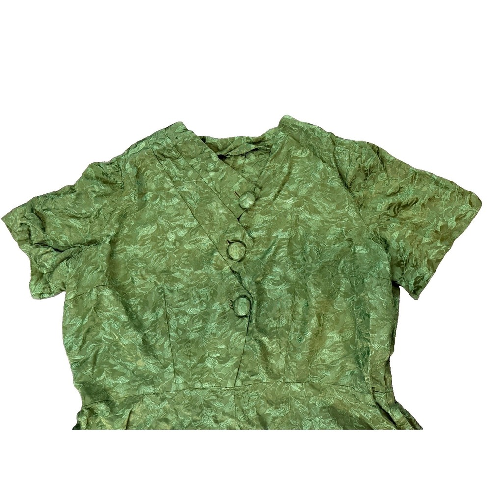 Vintage Green Jacquard Fit & Flare Dress Leaf Print Covered Buttons XL - Picture 3 of 7